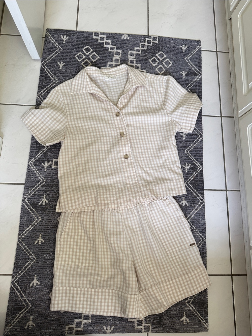 Cozy Earth Coastal Comfort Taupe Gingham Linen Cotton Short Button Down Pajama
